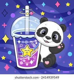 A cute cartoon panda is holding a big drink. Night vector illustration of an animal on a dark blue background with stars.