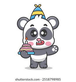 Cute Cartoon Panda Holding Birthday Cake Illustration Icon Vector, Animals Holidays Cartoon Isolated Icon Premium Vector, Cartoon Holidays Style.