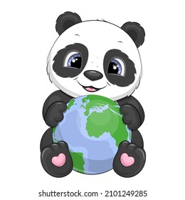 A cute cartoon panda holding a globe. Vector illustration of an animal on a white background.