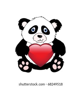 A cute cartoon panda holding a glossy heart isolated on white. EPS10 vector format with space for your text