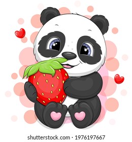 A cute cartoon panda holding a red strawberry. Vector illustration of an animal.