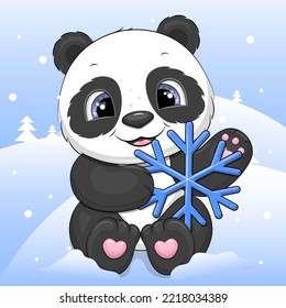 Cute cartoon panda holding a snowflake. Winter vector illustration of animals on a blue background with snow.