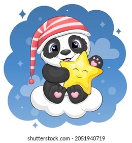 A cute cartoon panda holding a star on a cloud. Night vector illustration of an animal in a nightcap on a blue background.