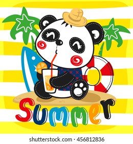 Cute cartoon panda holding a summer drink orange juice with surfboard, life ring on yellow and white striped background illustration vector.