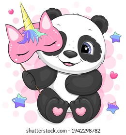 Panda de dibujos animados con máscara de unicornio. Ilustración vectorial del animal.