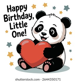 Um bonito panda de desenhos animados segura um grande coração vermelho contra um fundo branco com estrelas douradas e cinzas. O texto "Feliz aniversário pequeno!" é exibido de forma proeminente. O estilo é alegre e infantil.