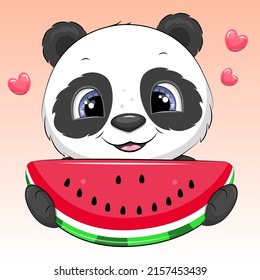 Cute cartoon panda holds a watermelon. Vector illustration of animal with fruit.