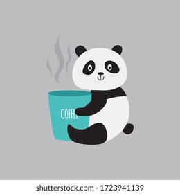 Cute cartoon panda hugging cup of coffee - little bear sticker isolated on grey background. Adorable animal with hot drink mug - flat vector illustration.