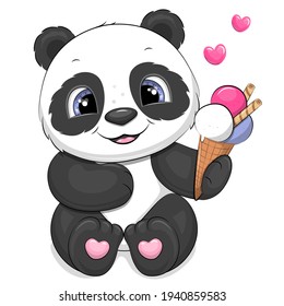 Cute cartoon panda with ice cream. Vector illustration of animal isolated on white.