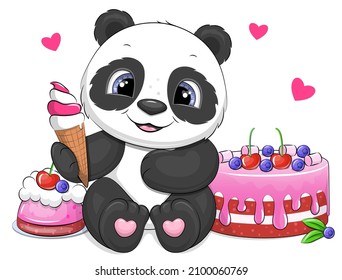 Cute cartoon panda with ice cream and cakes. Vector illustration with animals and desserts on a white background.