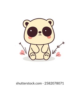 Cute cartoon panda illustration with big eyes, blush cheeks, and heart details, sitting on a white background. 
