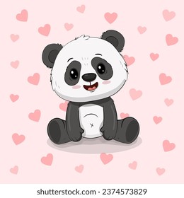 Cute cartoon panda isolated on background with hearts. Postcard for Valentine's Day. Vector illustration