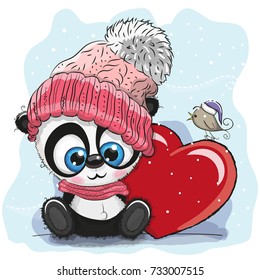 Cute Cartoon Panda in a knitted cap and a heart