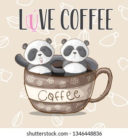 A cute cartoon panda lying in a cup of coffee  enjoying taking a bath in hot spring. Vector Illustration - Vector