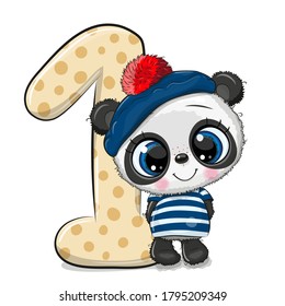 Cute Cartoon Panda and number one isolated on a white background