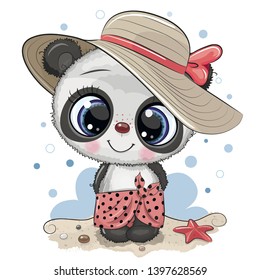 Cute Cartoon Panda on the beach in a straw hat