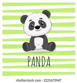 cute cartoon panda on green striped background. Vector Illustration