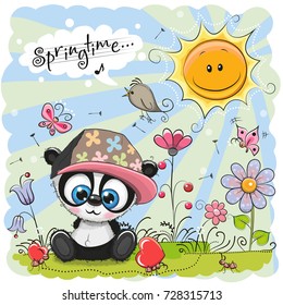 Cute Cartoon Panda on the meadow with flowers