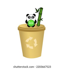 Cute cartoon panda on paper cup with eco banner and recykling sign. Funny character for your design. Green energy concept. Panda protect. Ecology problems, environmental protection