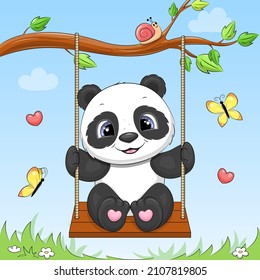 Cute Cartoon Panda On A Swing. Vector Illustration Of An Animal On A Blue Background With Hearts And Butterflies.