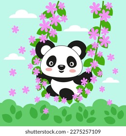 cute cartoon panda on a swing of spring flowers