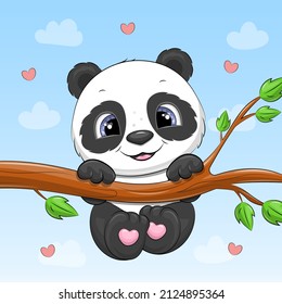 Cute cartoon panda on a tree. Vector illustration of an animal on a blue background.