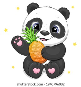 Cute cartoon panda with pineapple. Vector illustration of animal on white background with stars.