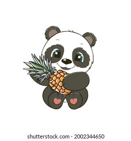Cute cartoon panda with pineapple. Vector illustration of animal on white background.