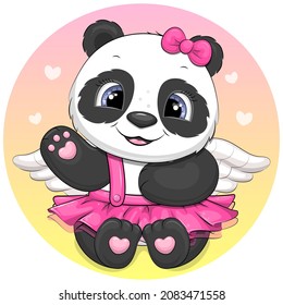 Cute cartoon panda with pink bow, skirt and white wings. Vector illustration of an animal on a pink background.