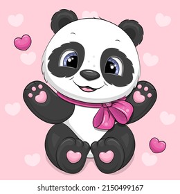 Cute cartoon panda with a pink bow. Vector illustration of an animal on a pink background with hearts.