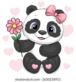 Cute Cartoon Panda with pink flower and hair bow. Vector Illustration with animal on white background with pink hearts.