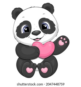 Cute cartoon panda with a pink heart. Vector illustration of an animal on a white background.