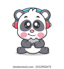 Cute Cartoon Panda Playing Game Illustration Icon Vector, Animals Technology Cartoon Premium Vector