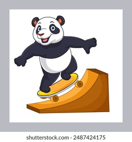 Cute Cartoon Panda Playing Skateboard 