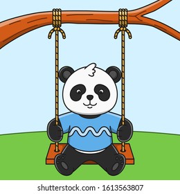 cute cartoon panda playing swing vector illustration design