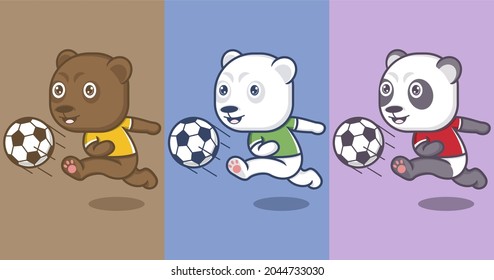 cute cartoon panda polar bear playing soccer. vector illustration for mascot logo or sticker