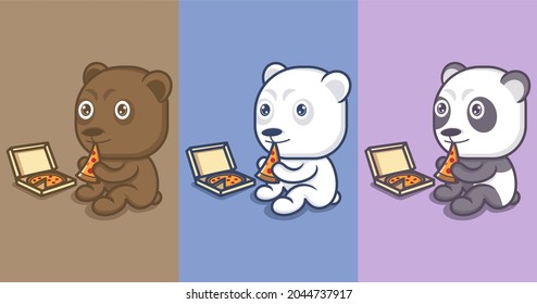 cute cartoon panda polar bear is eating pizza. vector illustration for mascot logo or sticker