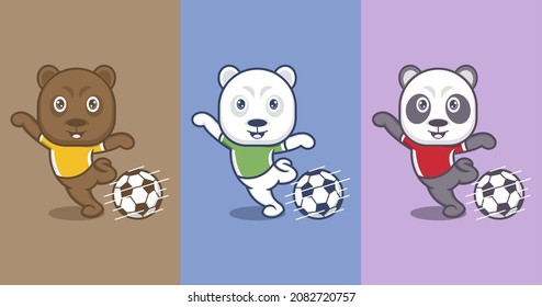 cute cartoon panda polar bear playing football on christmas. vector illustration for mascot logo or sticker