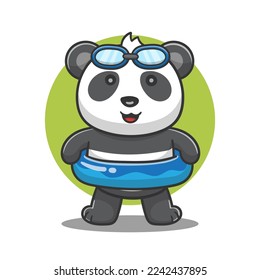 cute cartoon panda with pool balloon, swimming panda, vector illustration.