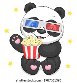 Cute cartoon panda with popcorn and movie 3d glasses. Vector illustration on a white background with stars.