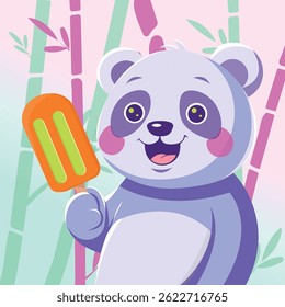 Bela panda de desenho animado com picolé. Ilustração de vetor de verão brilhante com fundo de bambu. Perfeito para produtos infantis, adesivos, cartões e aplicativos infantis.