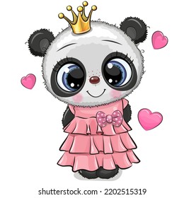 Cute Cartoon Panda Princess in a pink dress with hearts on a white background