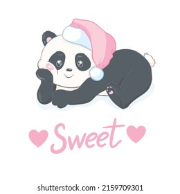 Cute cartoon panda with a red Christmas hat on a white background. Vector illustration