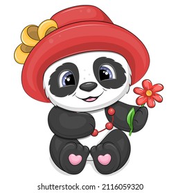 Panda de dibujos animados en un sombrero rojo sostiene una flor. Ilustración vectorial de un animal sobre un fondo blanco.