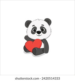 cute cartoon panda with a red heart on white background. Funny panda bear cub. Valentine's day, Mothers day card. Vector 