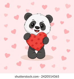 cute cartoon panda with a red heart on colorful background with hearts. Funny panda bear cub. Valentine's day, Mothers day card. Vector 