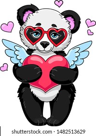 Cute cartoon panda in red heartshaped glasses holding winged stylized heart, simbol of love. Isolated vector illustration