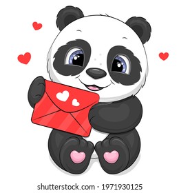 Cute cartoon panda with red love letter. Vector animal illustration isolated on white.