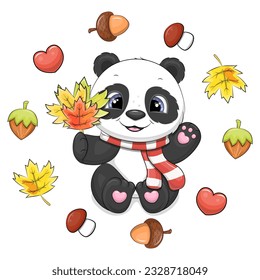 Cute cartoon panda with a red scarf and fallen leaves in an autumn frame. Vector illustration of an animal with yellow leaves, nuts, acorns, mushrooms and hearts on a white background.