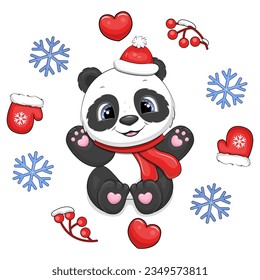 Cute cartoon panda with a red scarf and hat in a winter frame. Vector illustration of an animal with hearts, mittens, berries, snowflakes on a white background.